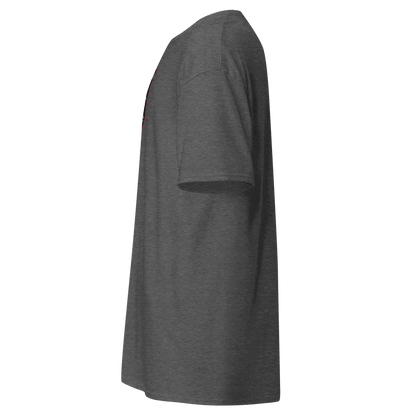 Side view of a custom built classic t-shirt in dark grey cotton blend fabric