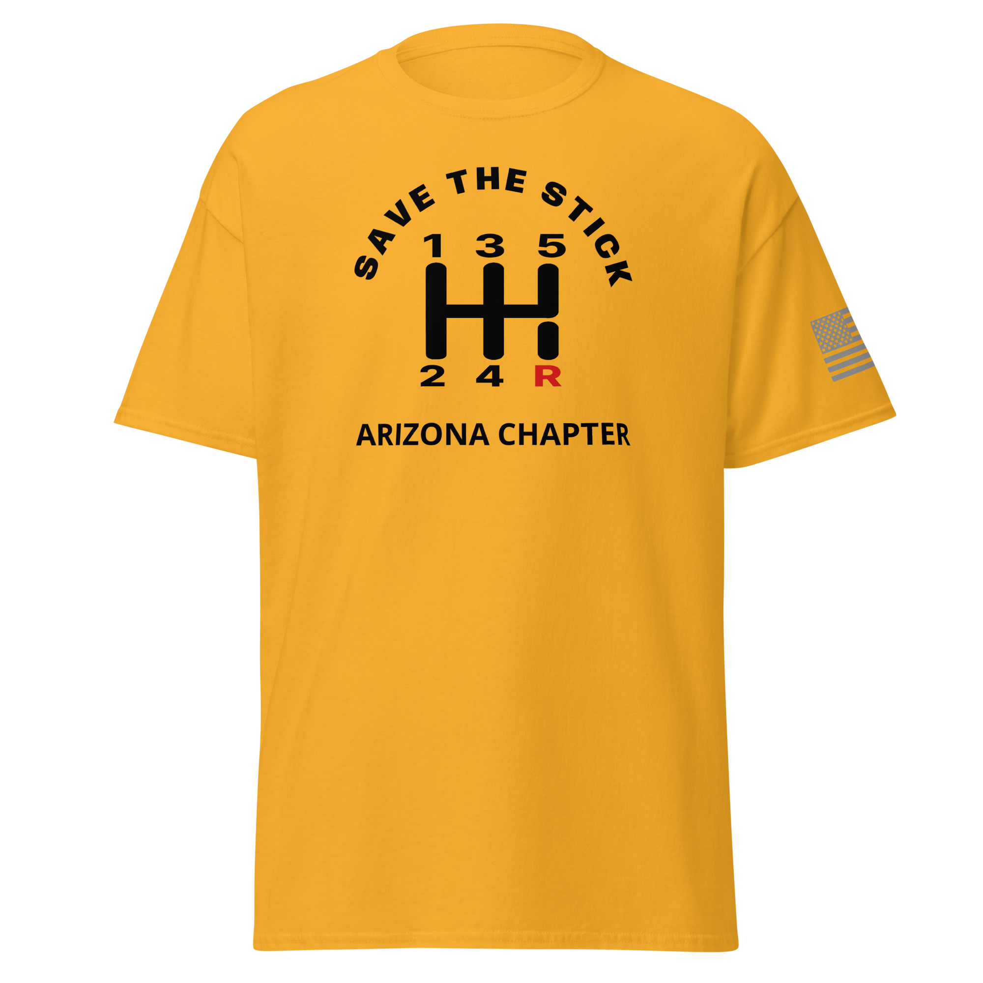 Custom Manual transmission car shirt featuring 'Save the Stick' design for Arizona Chapter enthusiasts.