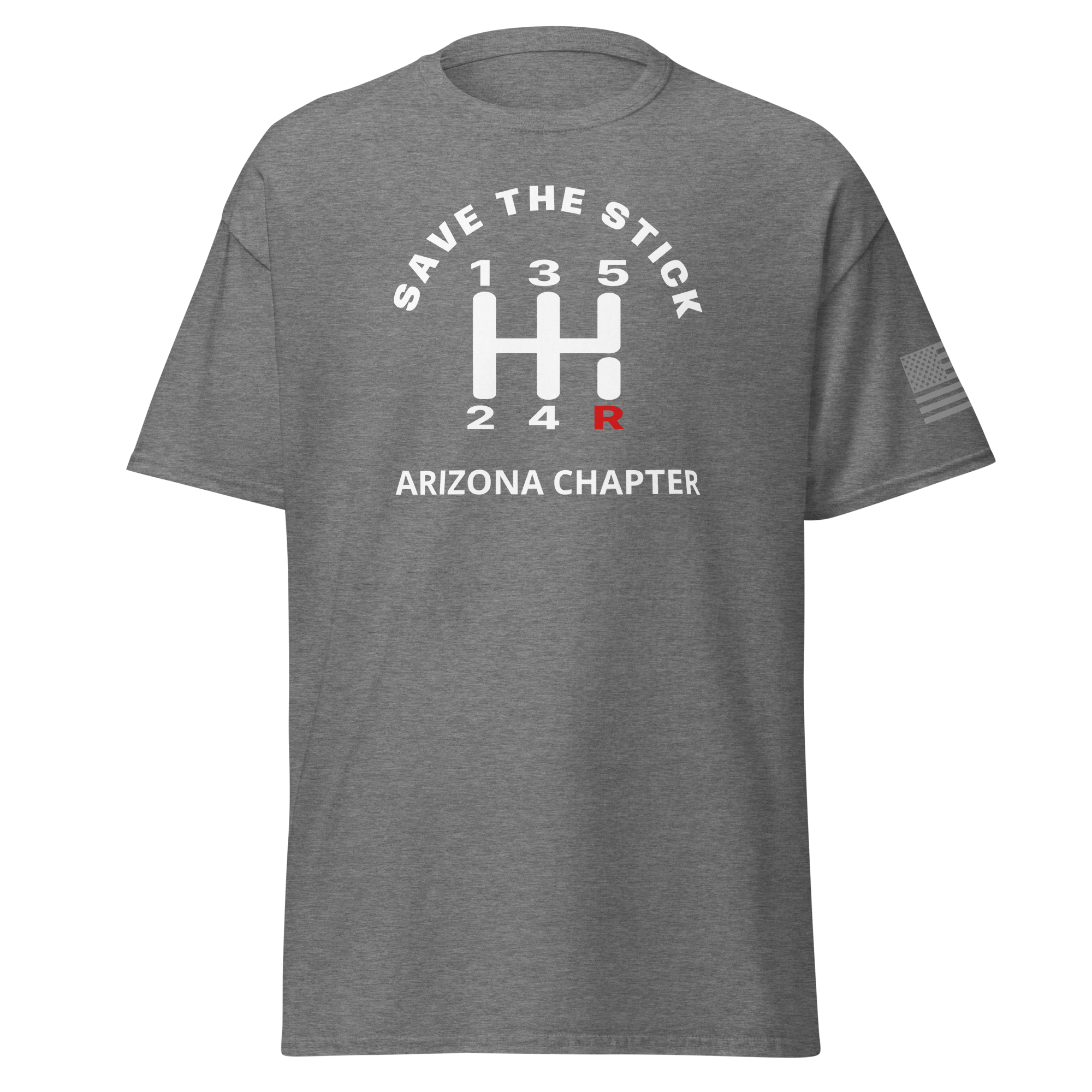Custom Manual transmission shirt featuring 'Save the Stick' design for Arizona Chapter car lovers.