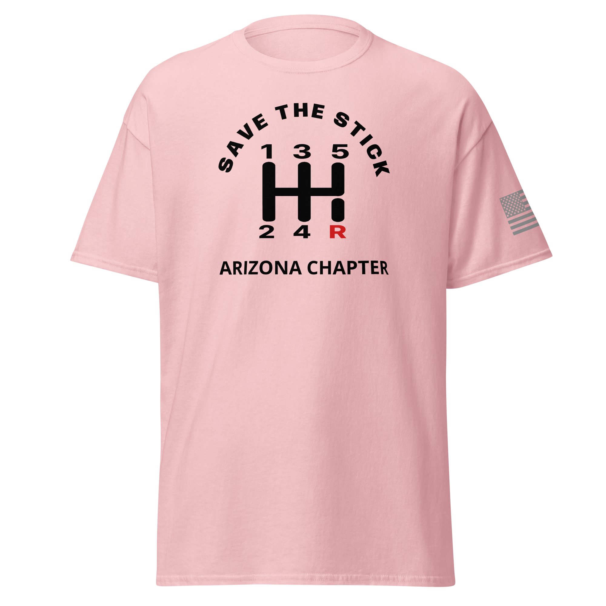 Custom Manual transmission car shirt featuring Save the Stick design and Arizona Chapter text.