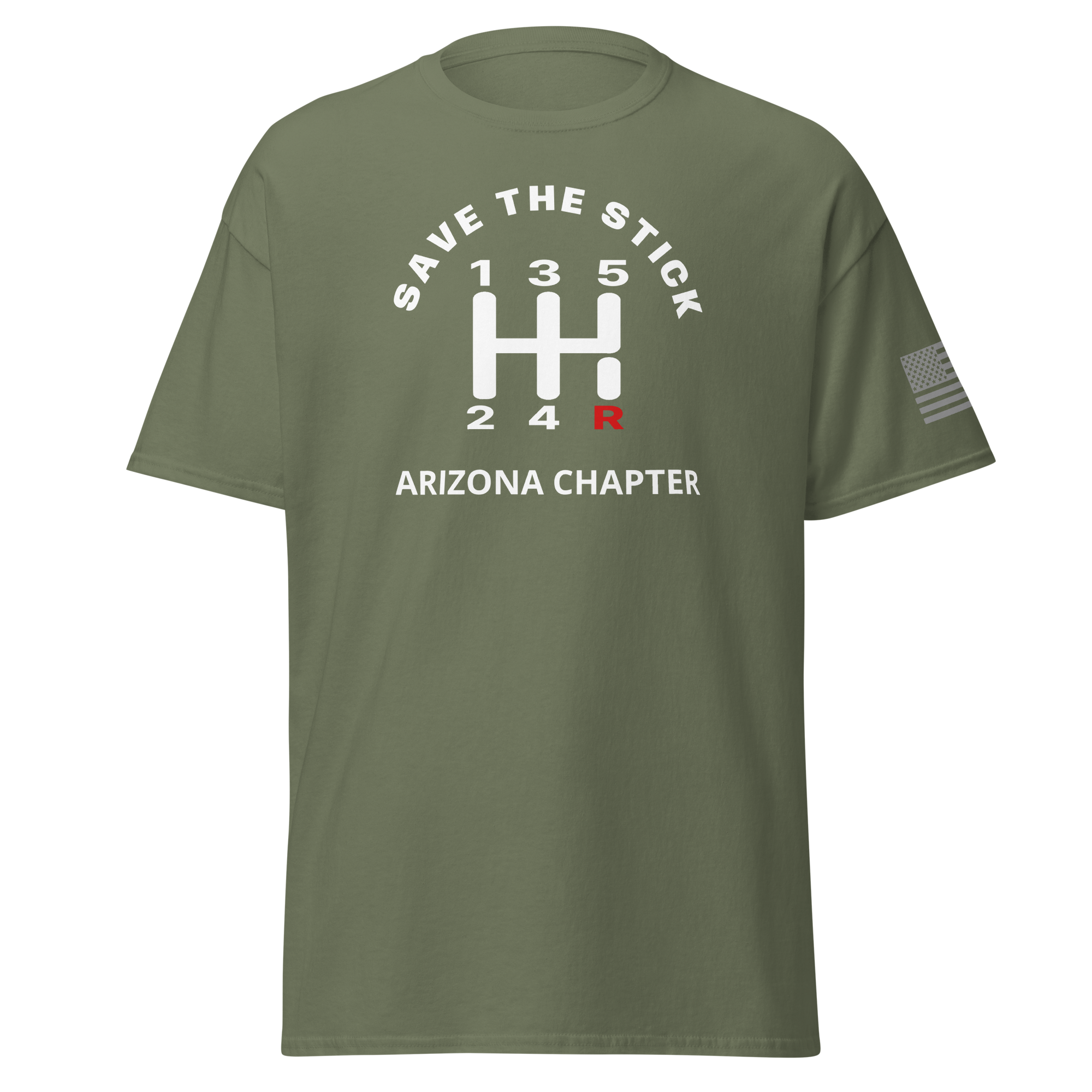 Custom Manual transmission car shirt featuring 'Save the Stick' design for Arizona Chapter enthusiasts.