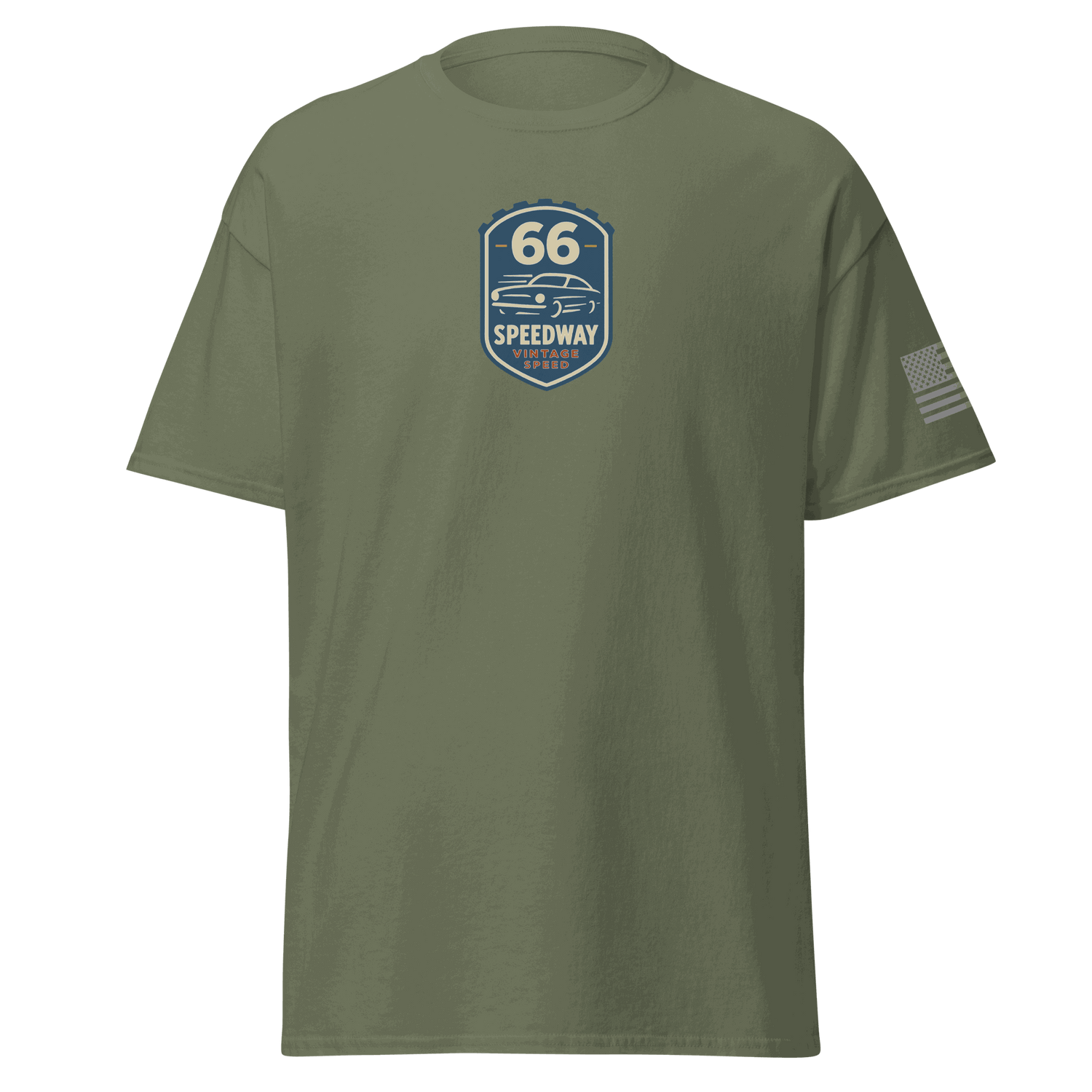Vintage Car Cotton T-shirt in olive green with vintage speedway car graphic and American flag on sleeve