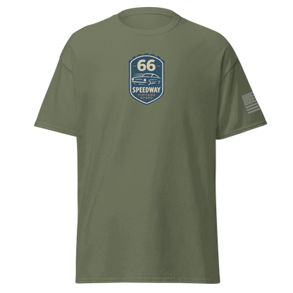 Vintage Car Cotton T-shirt in olive green with vintage speedway car graphic and American flag on sleeve