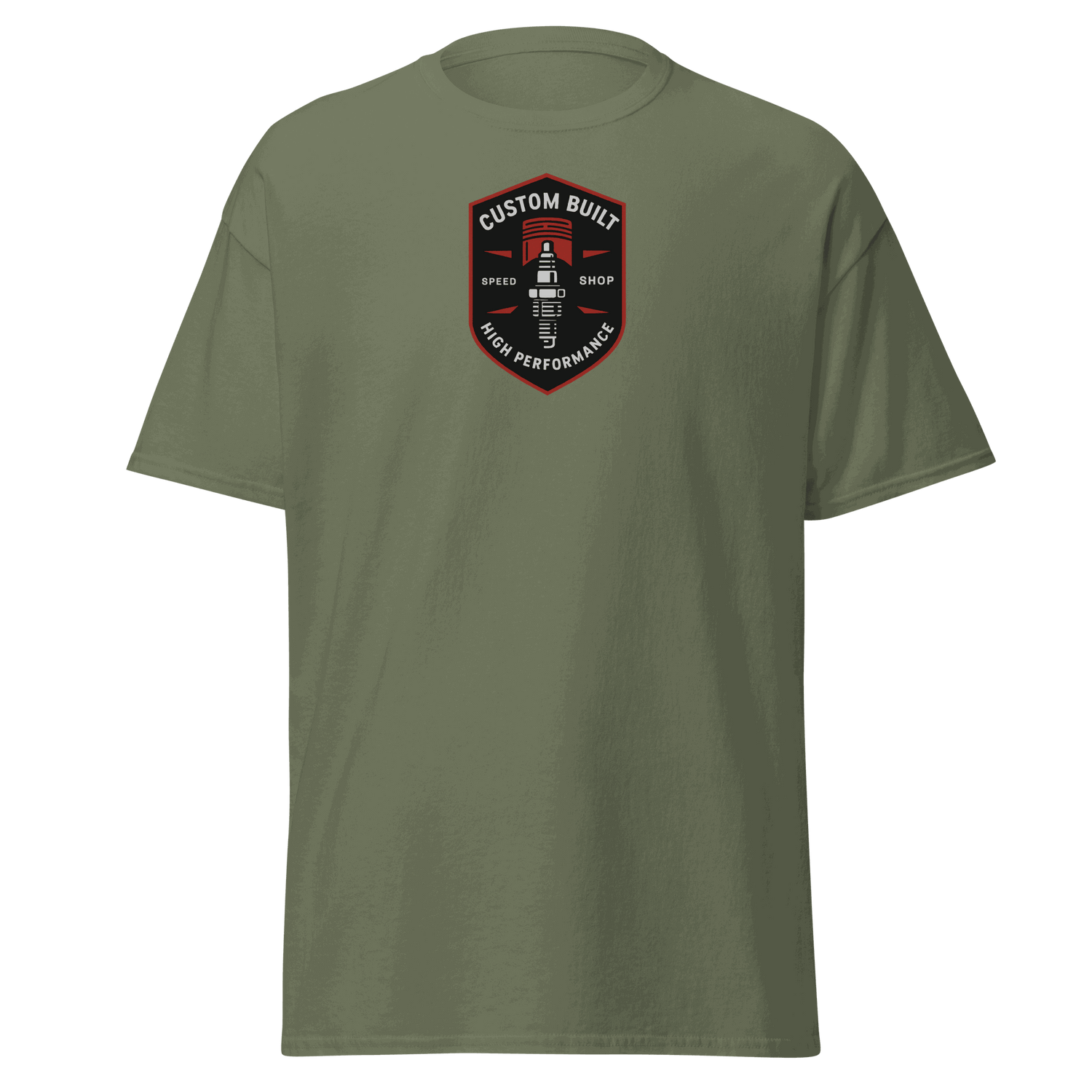 Custom Built Classic T-Shirt in olive green with front high performance speed shop logo, 100% cotton, unisex fit