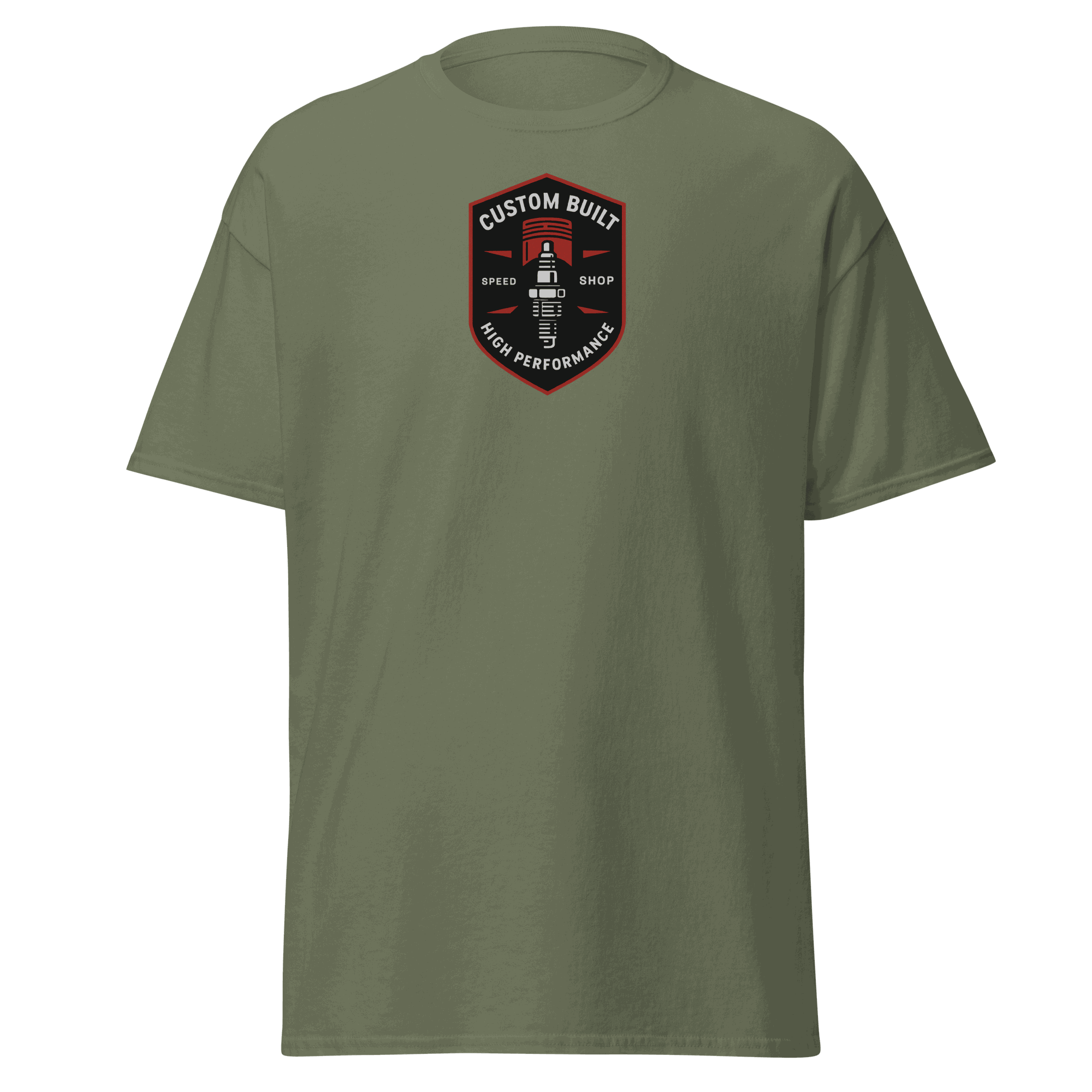 Custom Built Classic T-Shirt in olive green with front high performance speed shop logo, 100% cotton, unisex fit