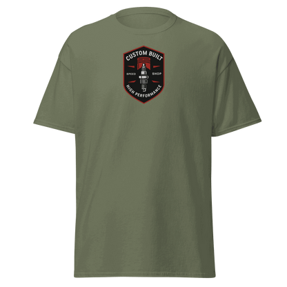 Custom Built Classic T-Shirt in olive green with front high performance speed shop logo, 100% cotton, unisex fit