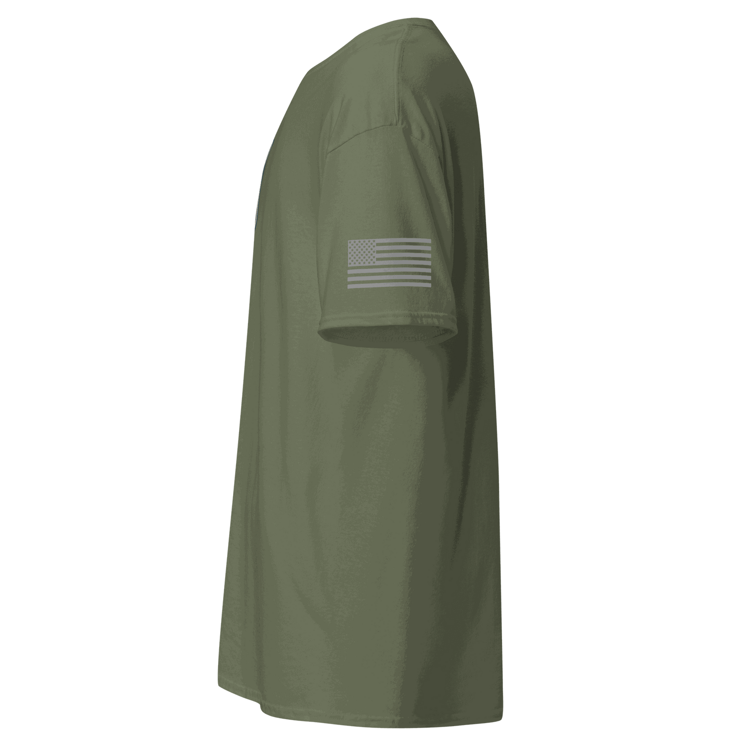 Vintage Car Cotton T-shirt olive green side view with American flag patch on sleeve