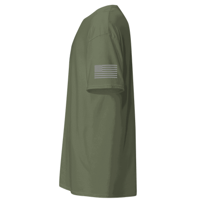 Vintage Car Cotton T-shirt olive green side view with American flag patch on sleeve