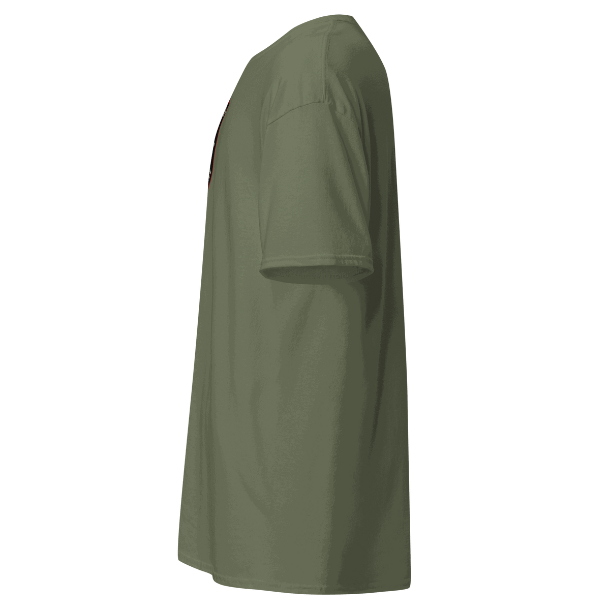 Side view of olive green Custom Built Classic T-Shirt made from 100% cotton with double-stitched sleeves and hem