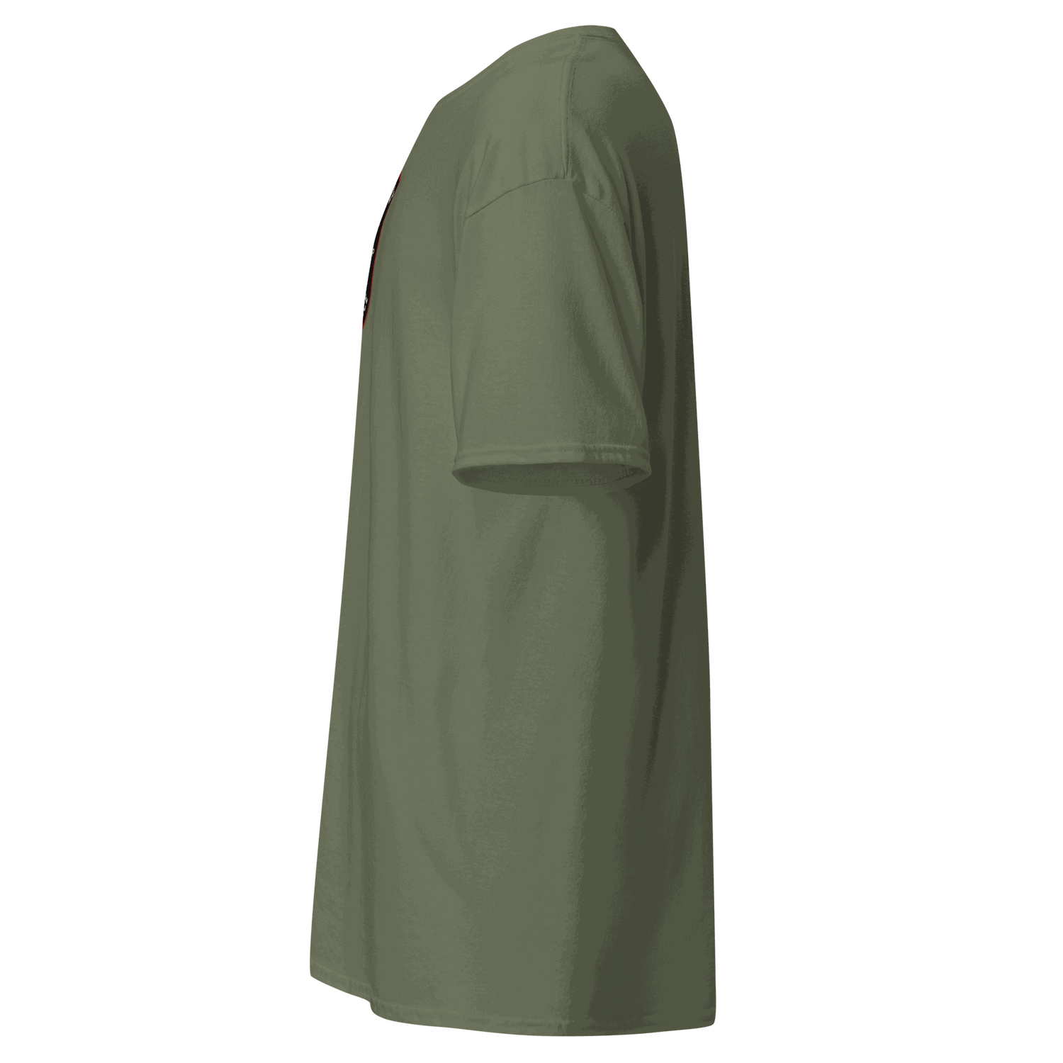 Side view of olive green Custom Built Classic T-Shirt made from 100% cotton with double-stitched sleeves and hem