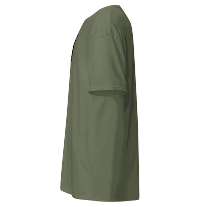 Side view of olive green Custom Built Classic T-Shirt made from 100% cotton with double-stitched sleeves and hem