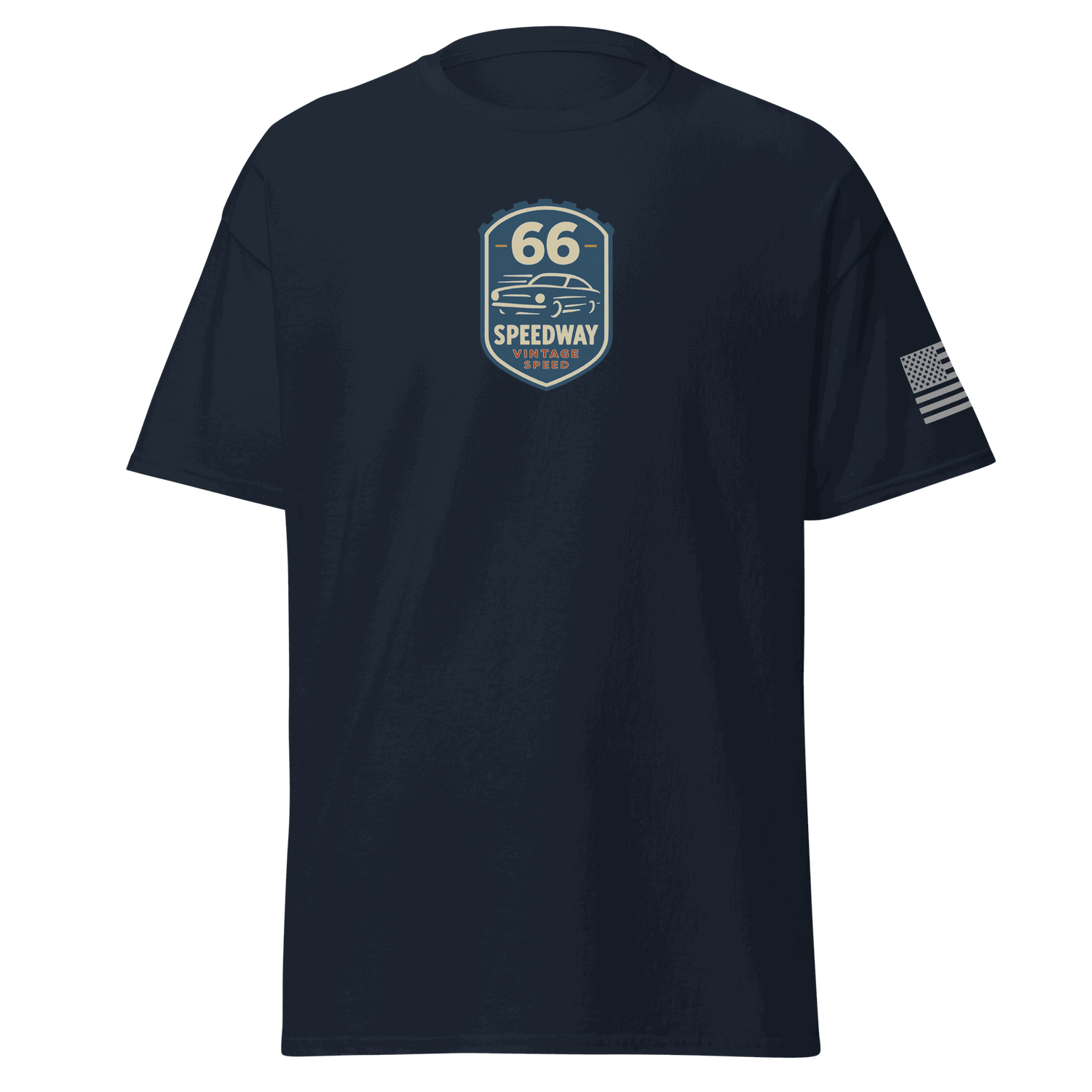 Navy vintage car cotton T-shirt with Route 66 Speedway logo and American flag on sleeve