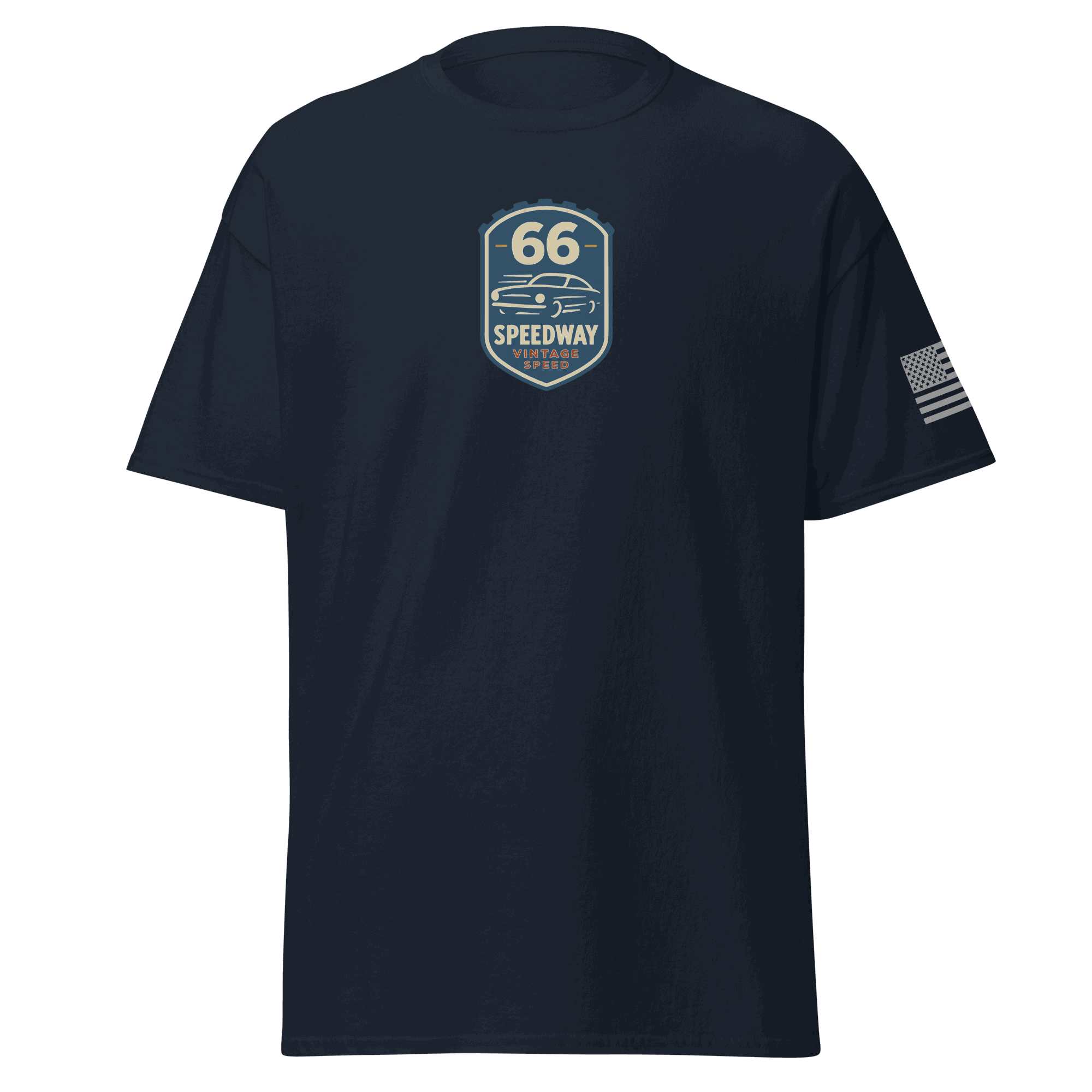 Navy vintage car cotton T-shirt with Route 66 Speedway logo and American flag on sleeve