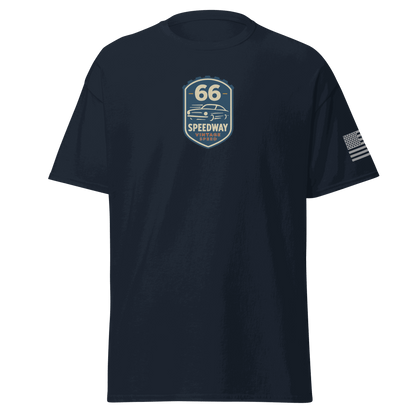 Navy vintage car cotton T-shirt with Route 66 Speedway logo and American flag on sleeve