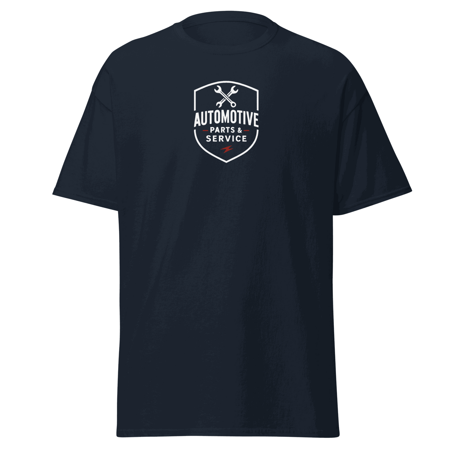 Classic T-Shirt Navy Automotive Parts Classic T-Shirt with white and red logo, 100% cotton unisex tee for structured, trendy streetwear look