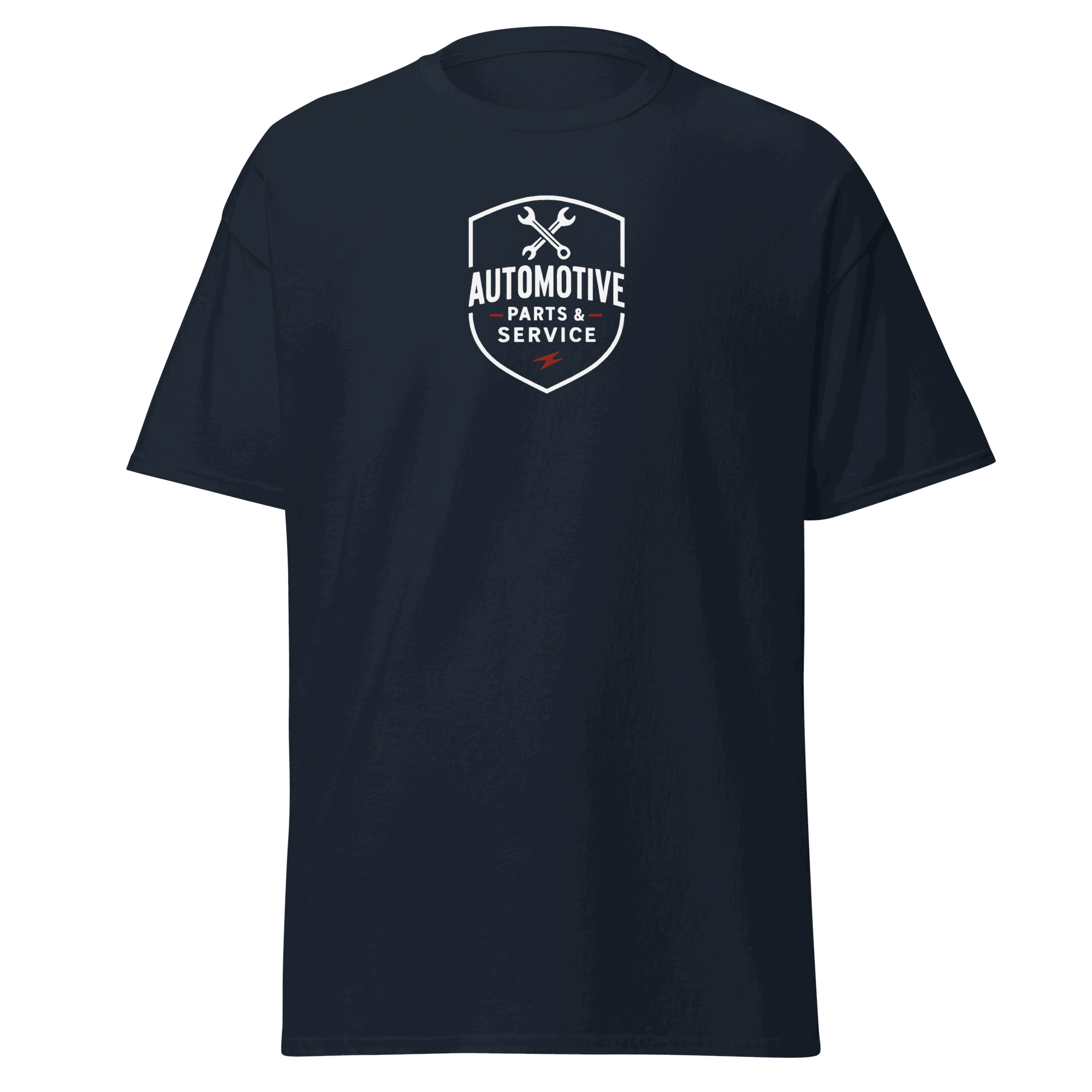 Classic T-Shirt Navy Automotive Parts Classic T-Shirt with white and red logo, 100% cotton unisex tee for structured, trendy streetwear look