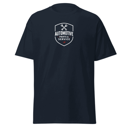 Classic T-Shirt Navy Automotive Parts Classic T-Shirt with white and red logo, 100% cotton unisex tee for structured, trendy streetwear look