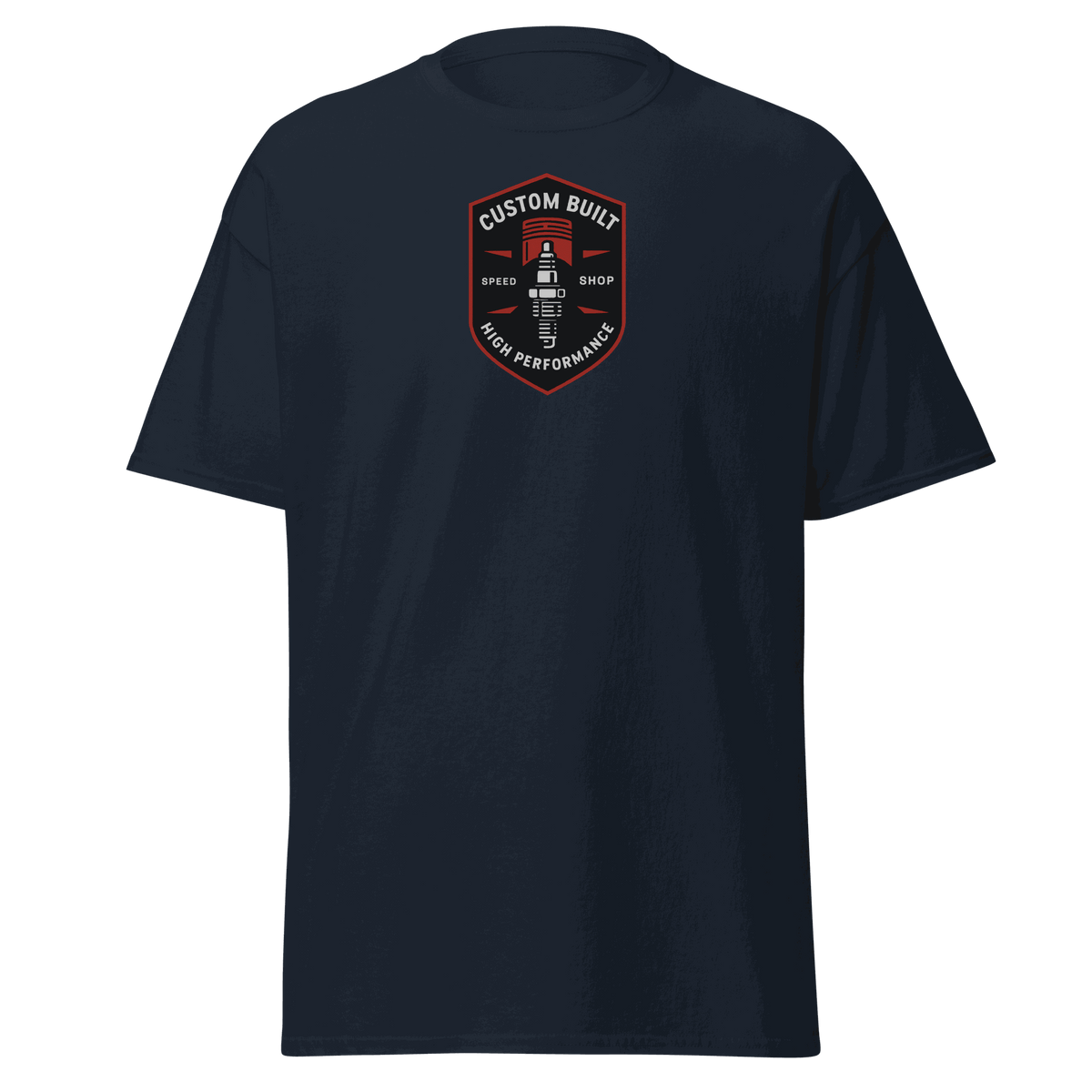 Custom Built Classic T-Shirt navy blue cotton unisex tee with front logo design
