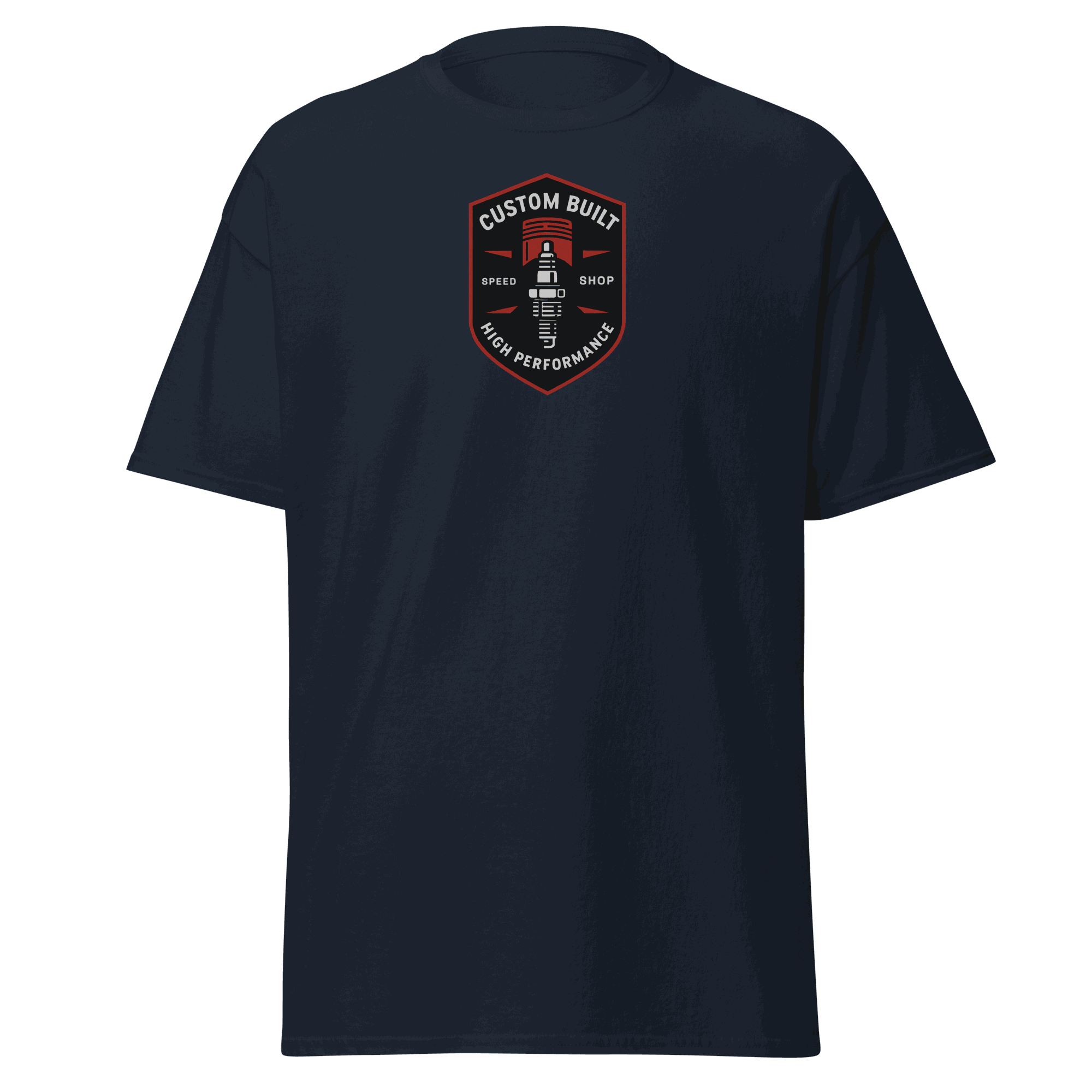 Custom Built Classic T-Shirt navy blue cotton unisex tee with front logo design
