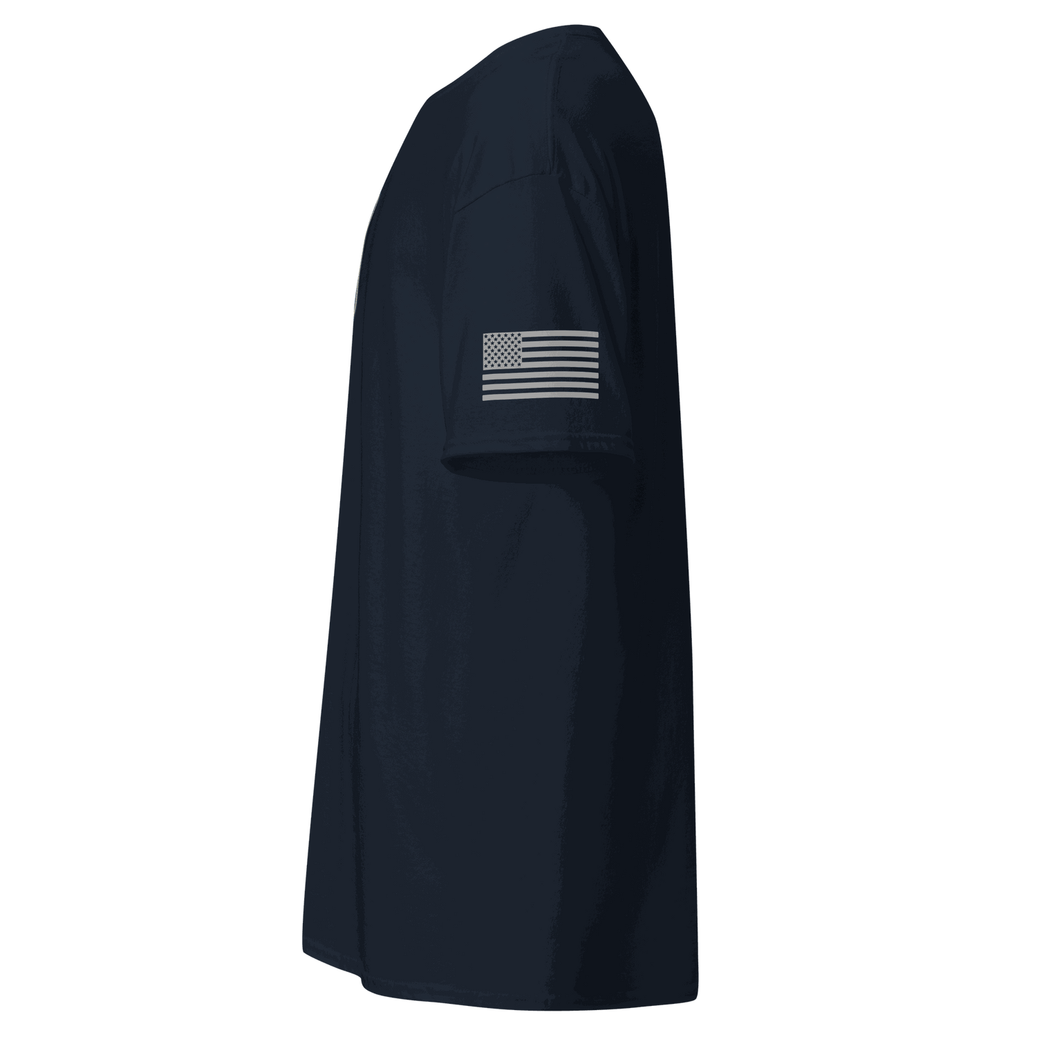 Side view of navy blue Vintage Car Cotton T-shirt with American flag patch on sleeve