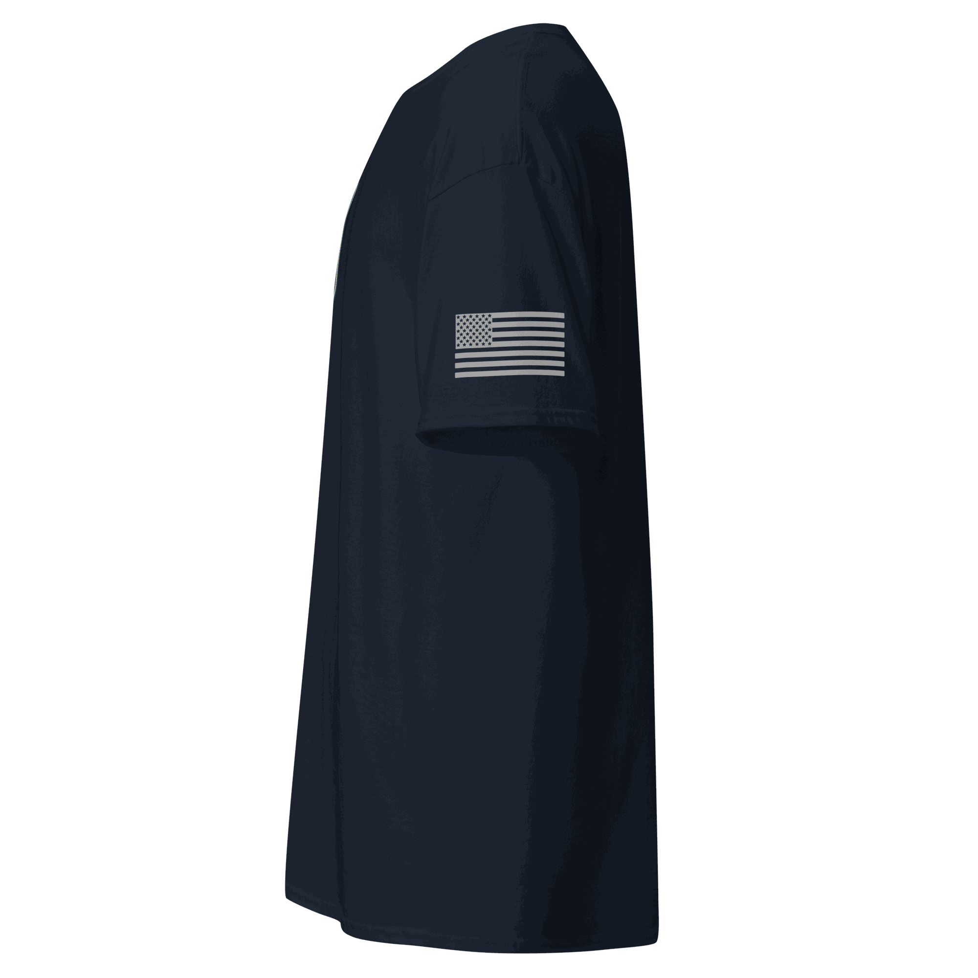 Side view of navy blue Vintage Car Cotton T-shirt with American flag patch on sleeve