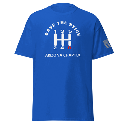 Stick Shift  Custom Manual transmission car shirt featuring Save the Stick design for Arizona Chapter in blue.