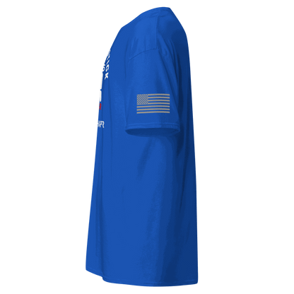 Stick Shift  Custom Manual transmission car shirt in blue with American flag sleeve for car lovers.