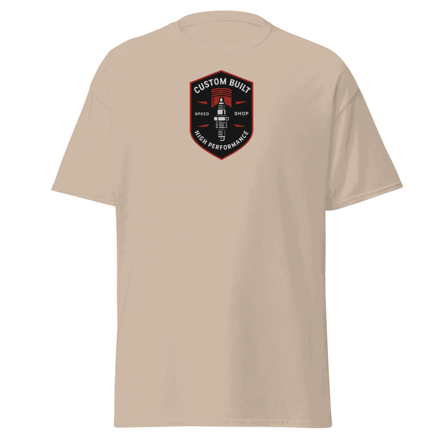 beige Custom Built Classic T-Shirt with high performance emblem on chest, 100% cotton unisex tee for structured look
