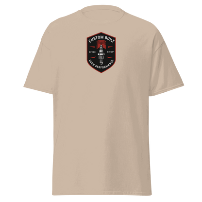 beige Custom Built Classic T-Shirt with high performance emblem on chest, 100% cotton unisex tee for structured look
