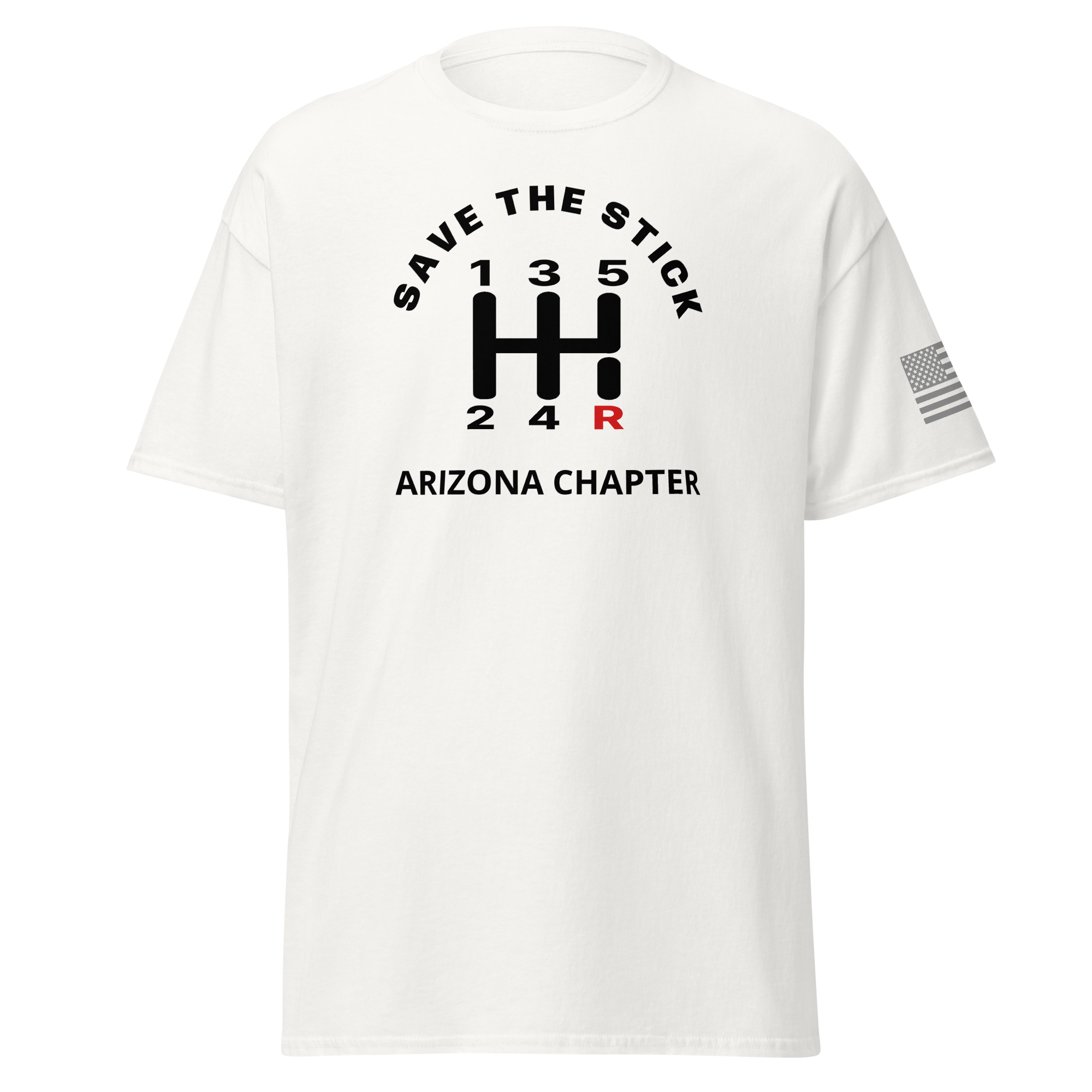 Custom Manual transmission car shirt featuring Save the Stick design for Arizona chapter.