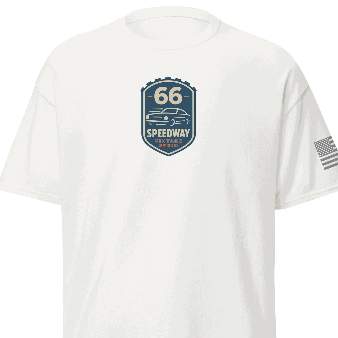 White Vintage Car Cotton T-shirt with 66 Speedway vintage car graphic and American flag on sleeve