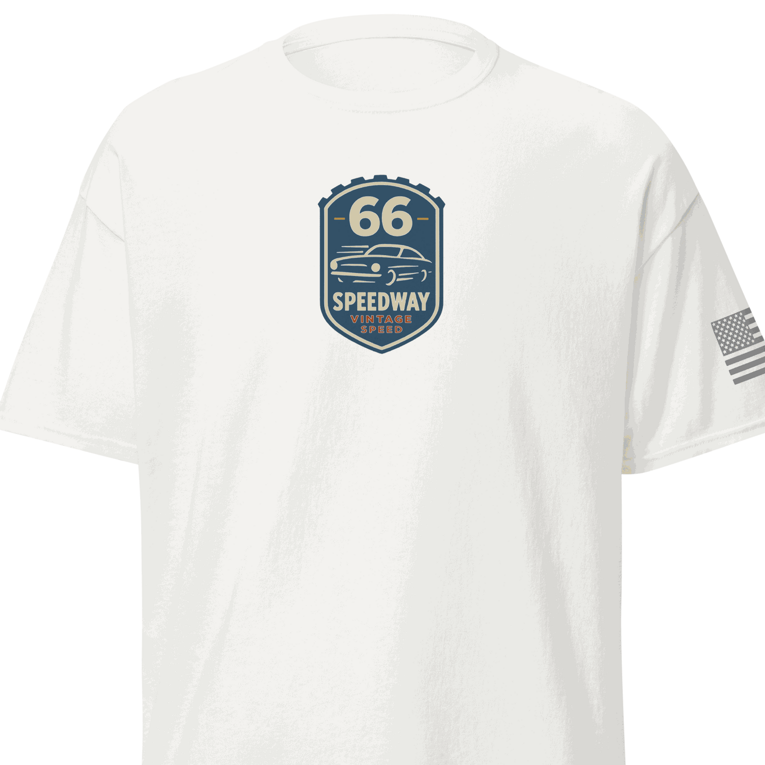 White Vintage Car Cotton T-shirt with 66 Speedway vintage car graphic and American flag on sleeve