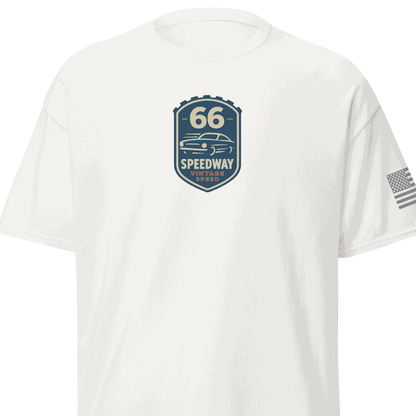 White Vintage Car Cotton T-shirt with 66 Speedway vintage car graphic and American flag on sleeve