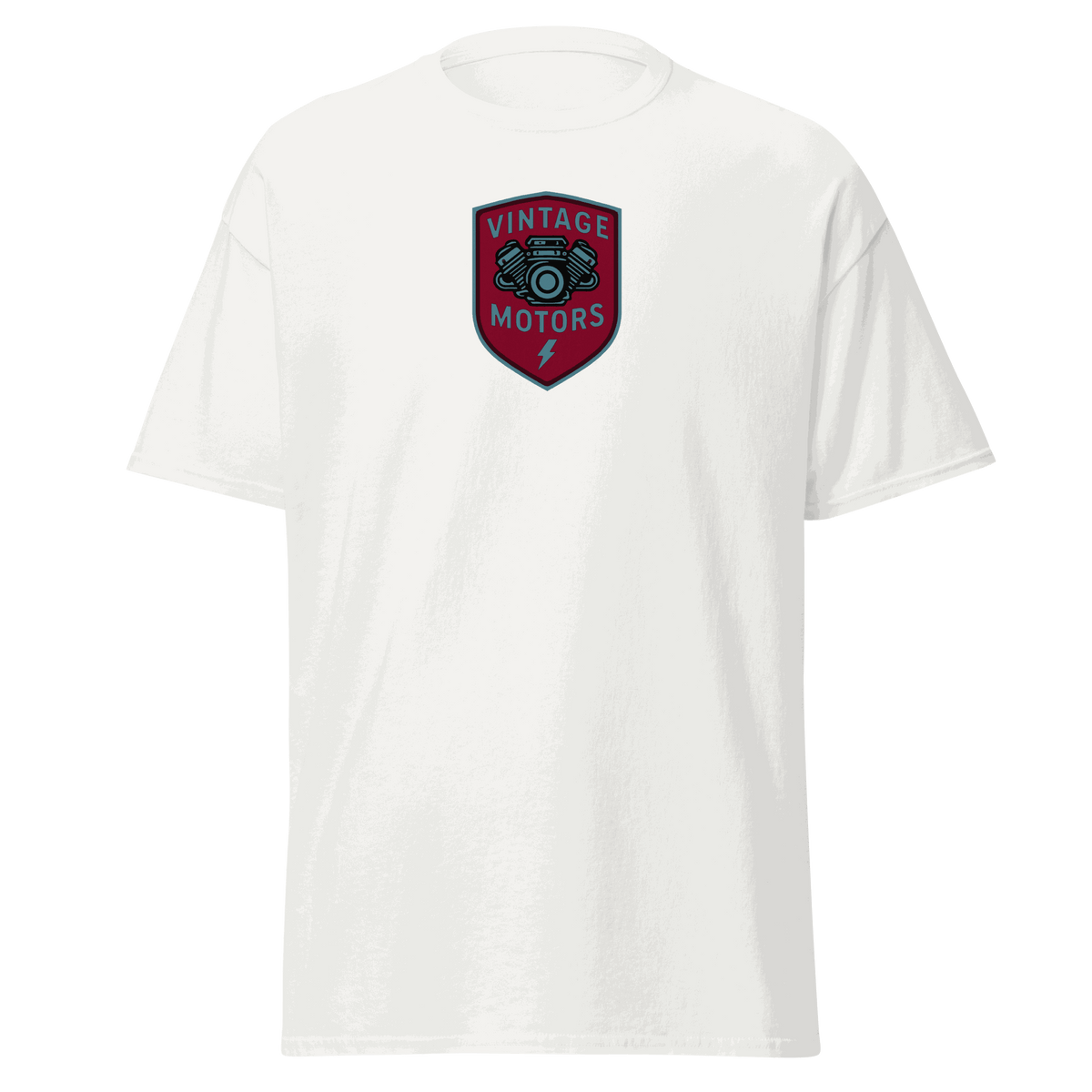 Vintage T-Shirt White Vintage Motors Classic T-Shirt with red and black motor graphic logo on front, 100% cotton unisex tee