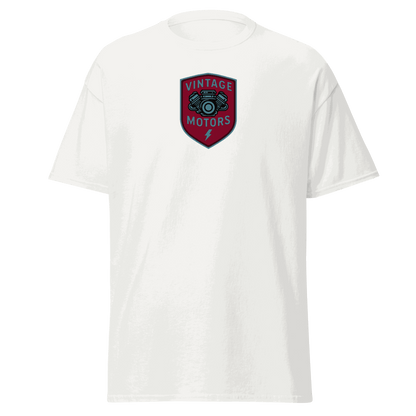 Vintage T-Shirt White Vintage Motors Classic T-Shirt with red and black motor graphic logo on front, 100% cotton unisex tee