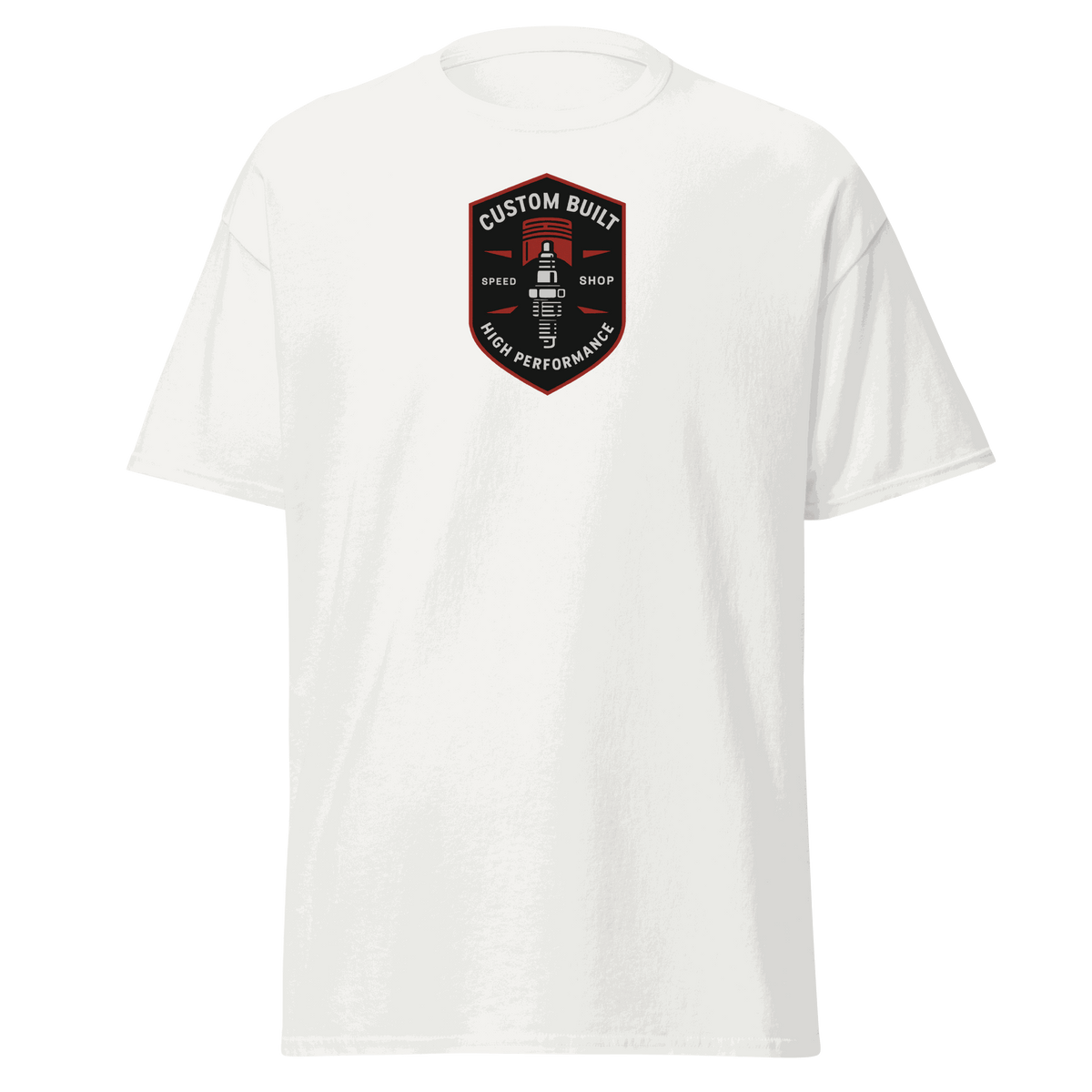 White Custom Built Classic T-Shirt with red and black high performance logo on chest, 100% cotton unisex tee
