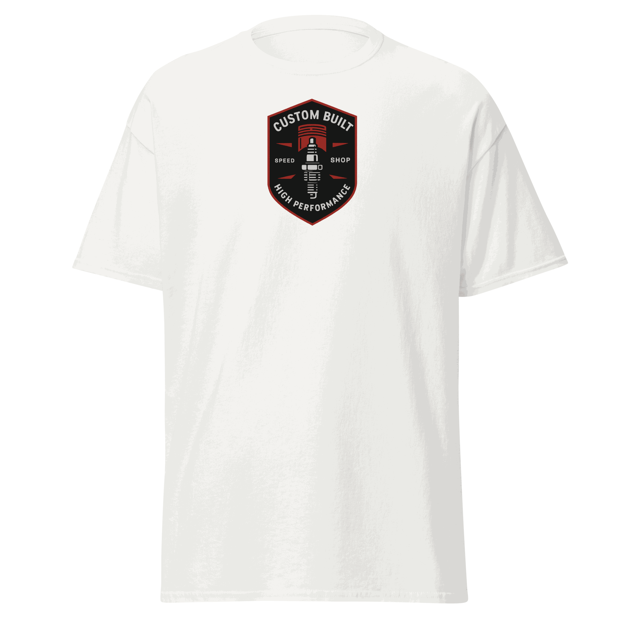 White Custom Built Classic T-Shirt with red and black high performance logo on chest, 100% cotton unisex tee