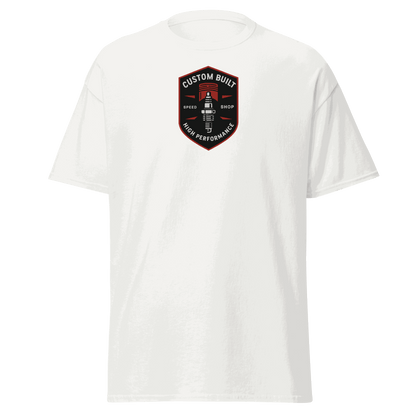 White Custom Built Classic T-Shirt with red and black high performance logo on chest, 100% cotton unisex tee