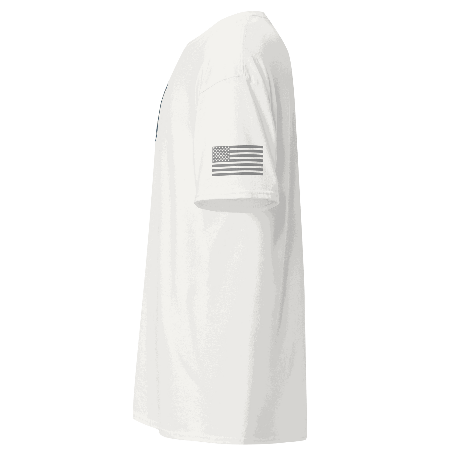 Side view of white Vintage Car Cotton T-shirt with American flag patch on sleeve