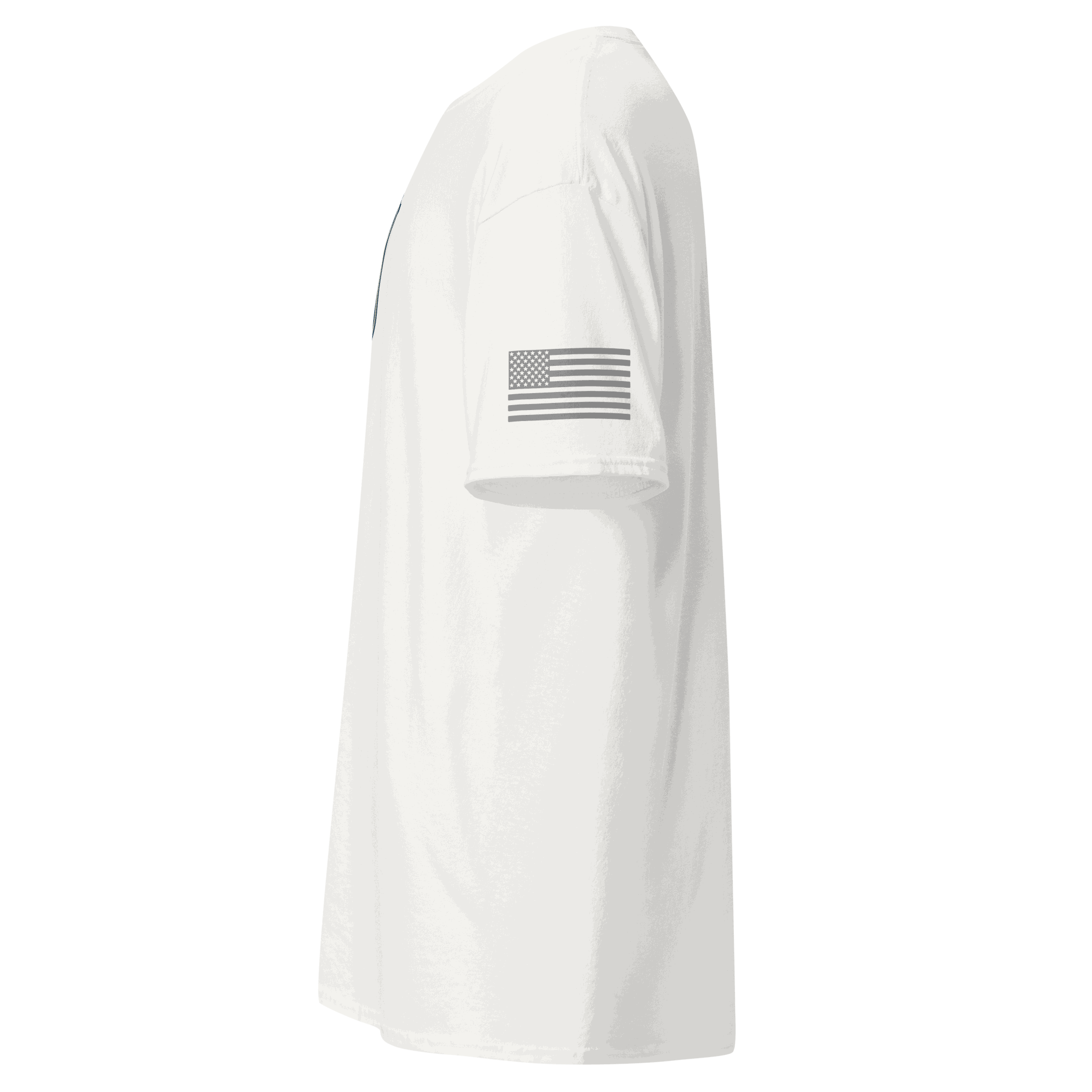 Side view of white Vintage Car Cotton T-shirt with American flag patch on sleeve