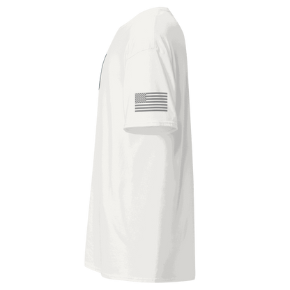 Side view of white Vintage Car Cotton T-shirt with American flag patch on sleeve