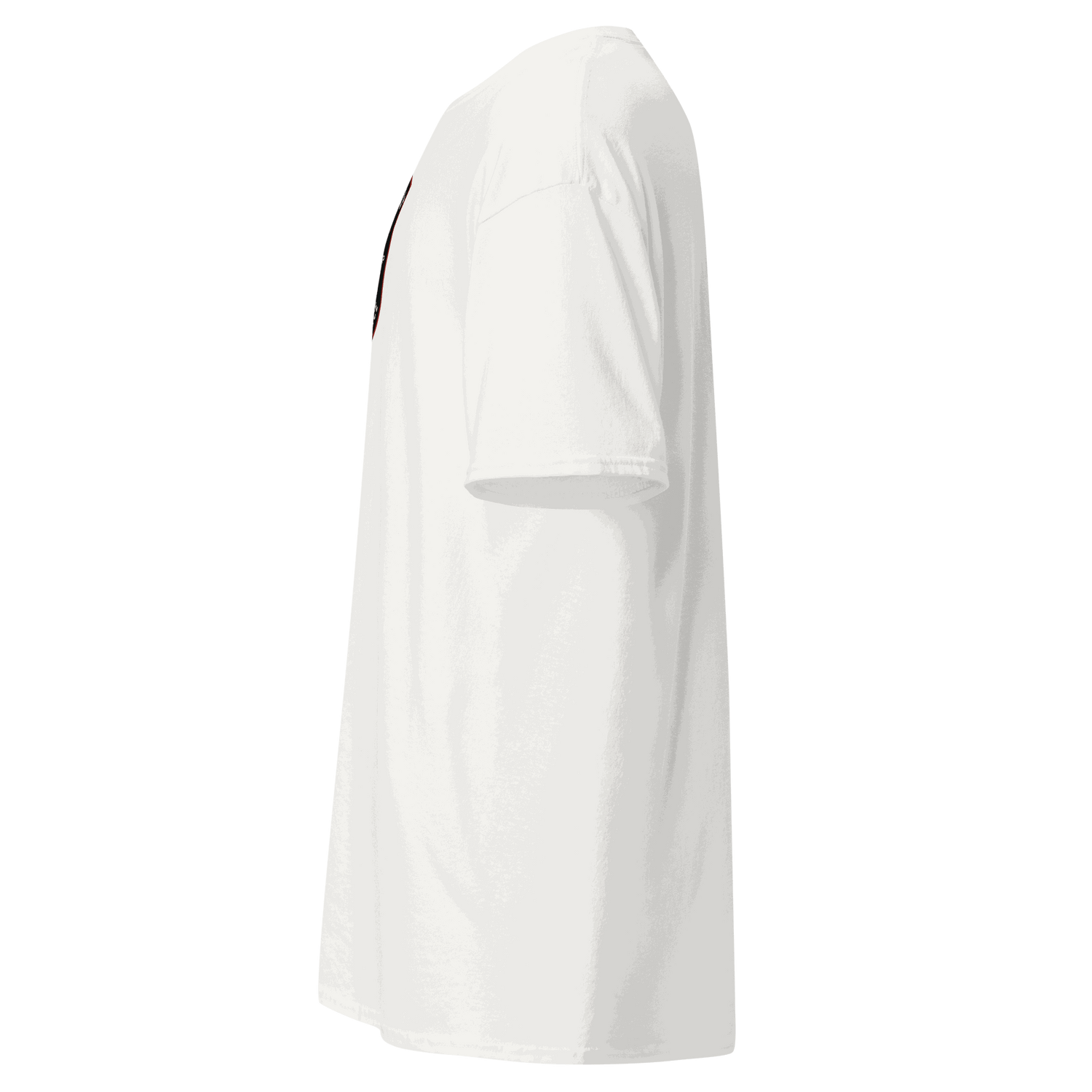 Side view of a white Custom Built Classic T-Shirt made of 100% cotton with a structured, sharp-edged fit