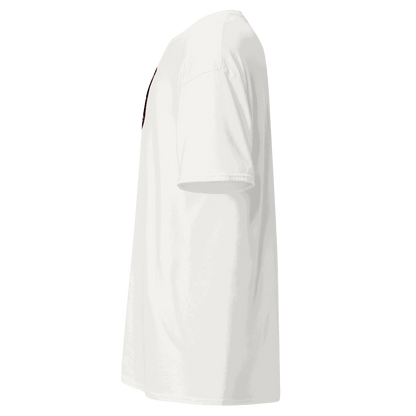 Side view of a white Custom Built Classic T-Shirt made of 100% cotton with a structured, sharp-edged fit