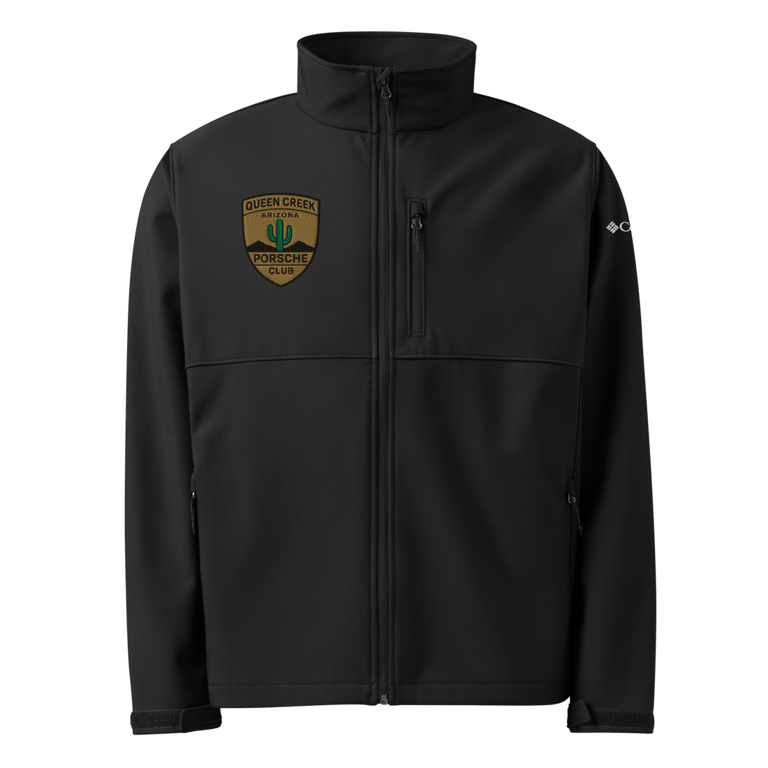 Queen Creek Pcar Club Columbia black soft shell jacket with wind and water-resistant fabric and zippered pockets