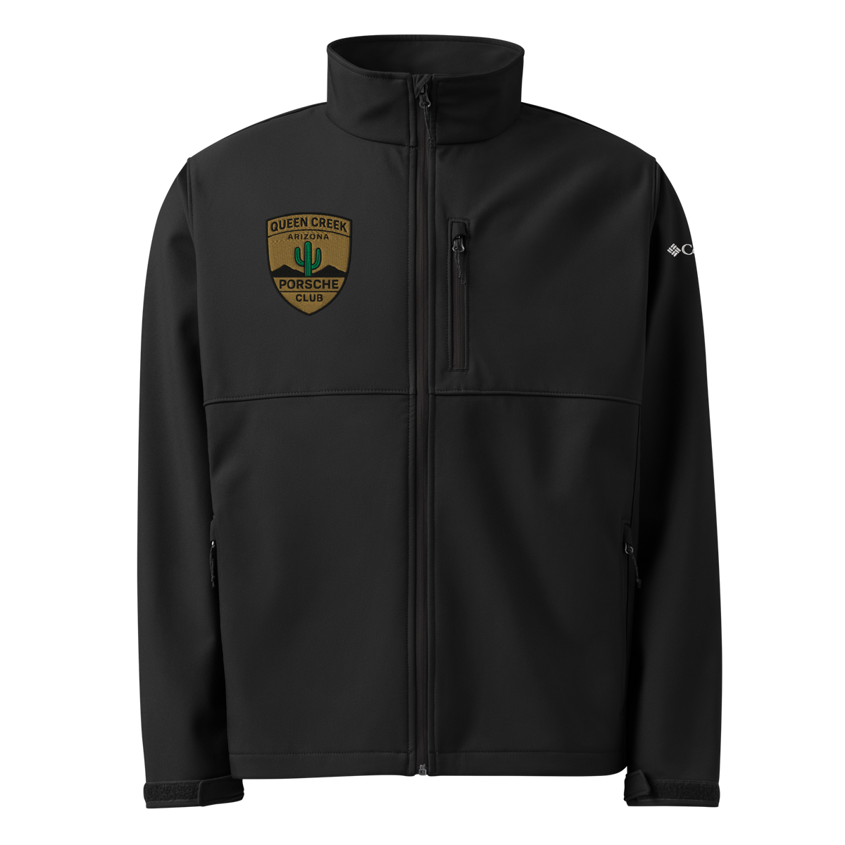 Queen Creek Pcar Club Columbia black soft shell jacket with wind and water-resistant fabric and zippered pockets