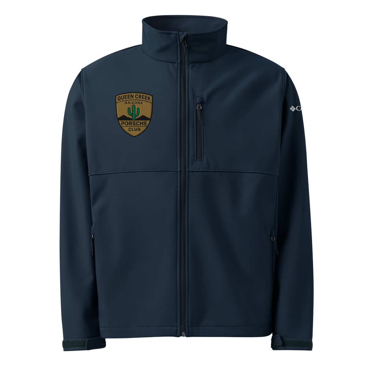 Queen Creek Pcar Club Columbia navy soft shell jacket with zippered pockets and embroidered logo