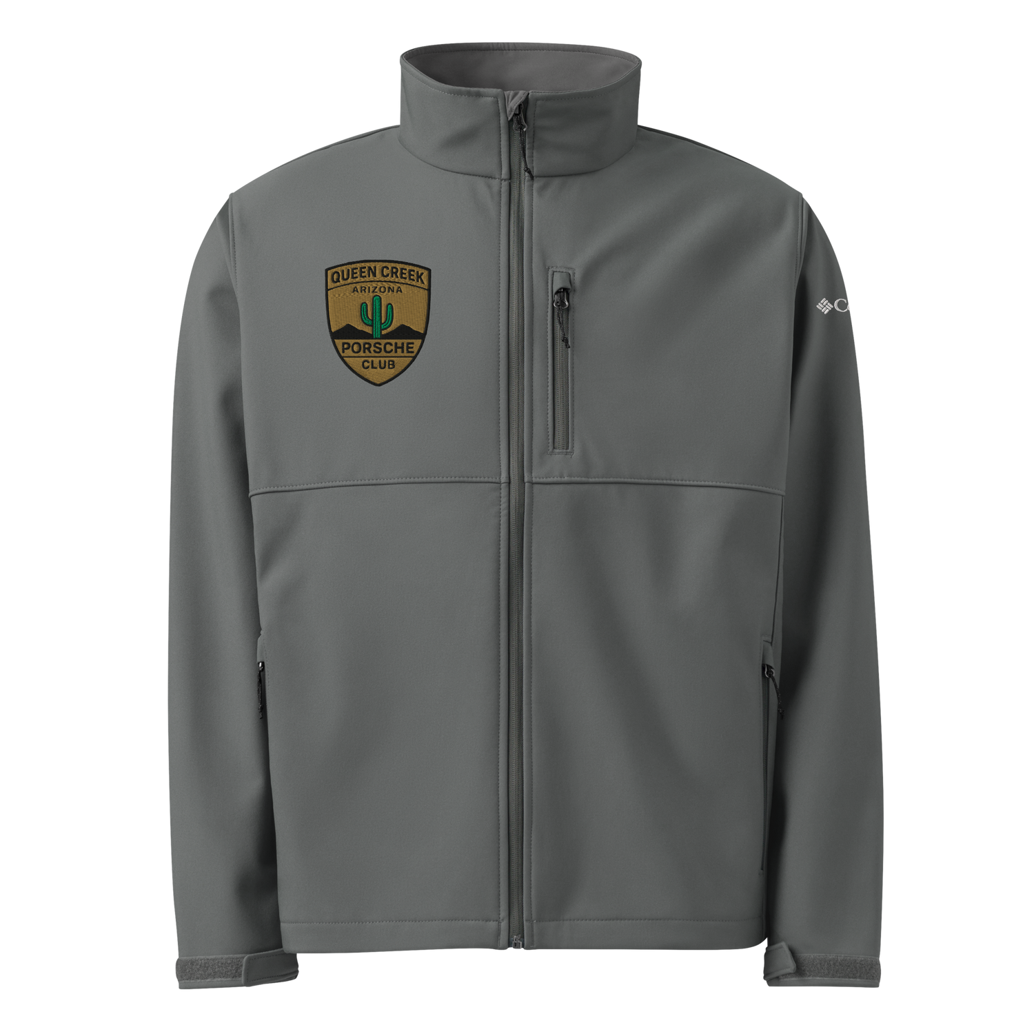 Queen Creek Pcar Club Columbia soft shell jacket in gray with wind and water-resistant fabric and embroidered logo