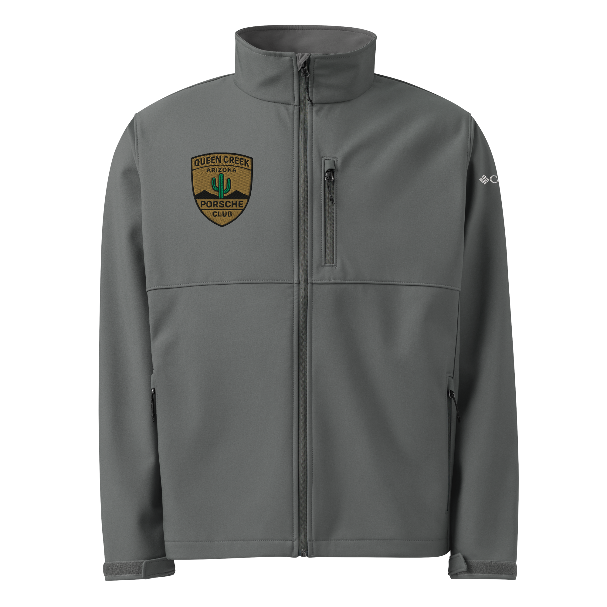 Queen Creek Pcar Club Columbia soft shell jacket in gray with wind and water-resistant fabric and embroidered logo