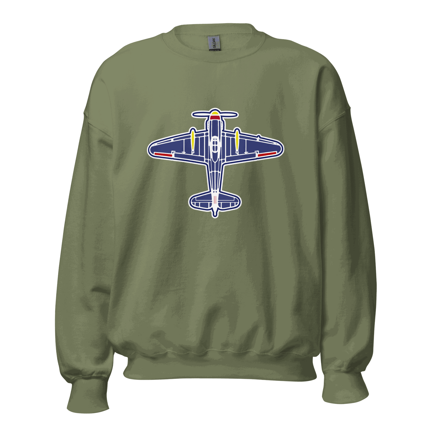 Aviation unisex sweatshirt in olive green with airplane graphic, classic fit, soft air-jet spun yarn, and rib knit collar.
