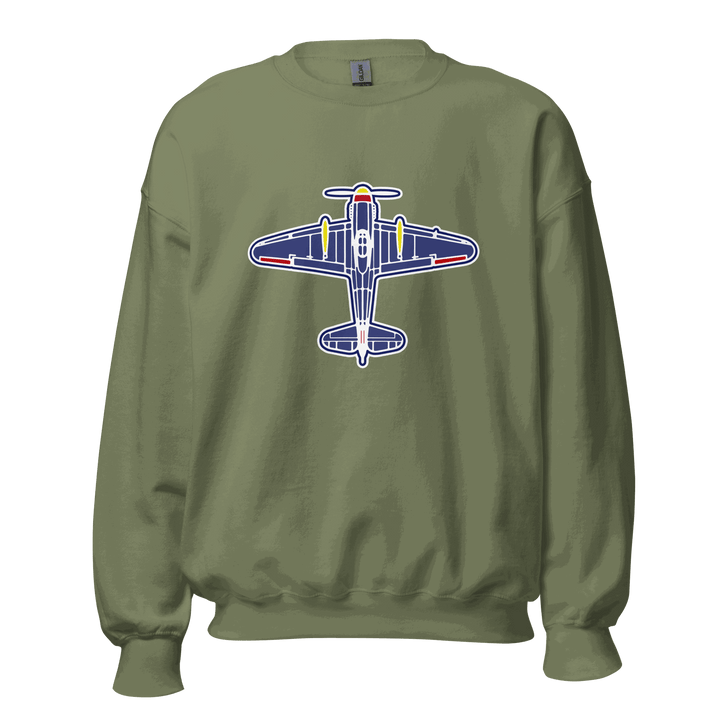 Aviation unisex sweatshirt in olive green with airplane graphic, classic fit, soft air-jet spun yarn, and rib knit collar.